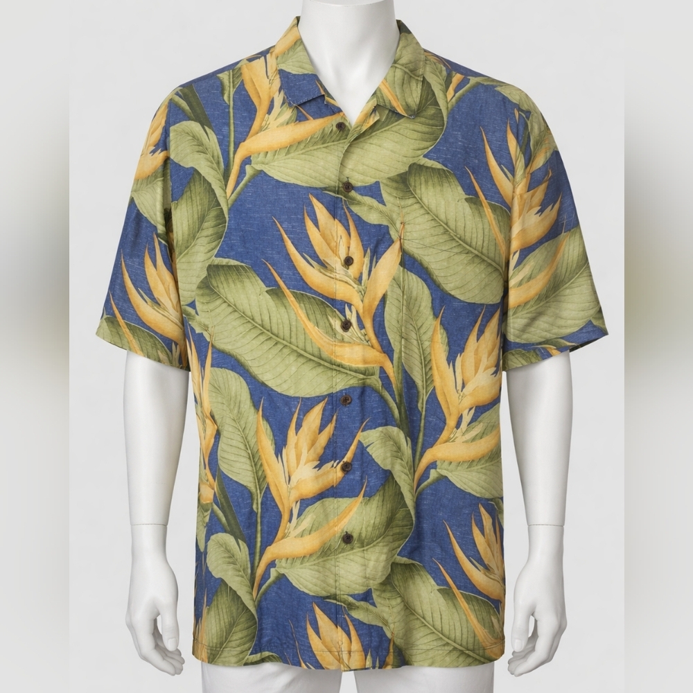 Tommy Bahama Hawaiian Shirt 100% Silk Mens Large L Floral Green Blue Camp Leaf